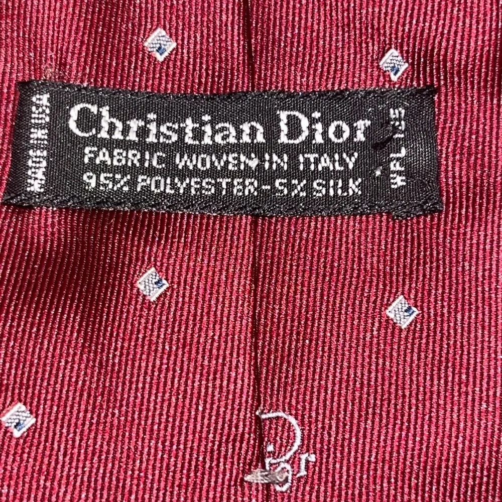 Vintage Christian Dior Silk Blend Necktie Red, Gold & Blue Diamond Polka Dot EUC